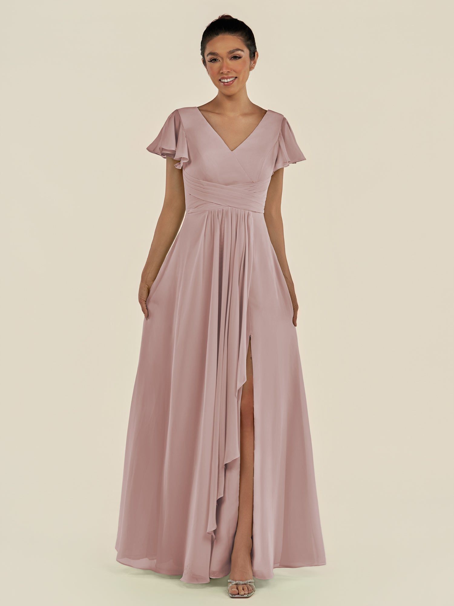 KissDress-Corin Toffee A Line Chiffon V Neck Long Bridesmaid Dress with Flutter Sleeves