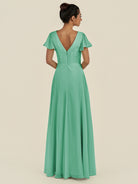 KissDress-Corin Turquoise A Line Chiffon V Neck Long Bridesmaid Dress with Flutter Sleeves