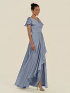 KissDress-Corin Twilight A Line Chiffon V Neck Long Bridesmaid Dress with Flutter Sleeves