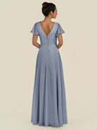 KissDress-Corin Twilight A Line Chiffon V Neck Long Bridesmaid Dress with Flutter Sleeves