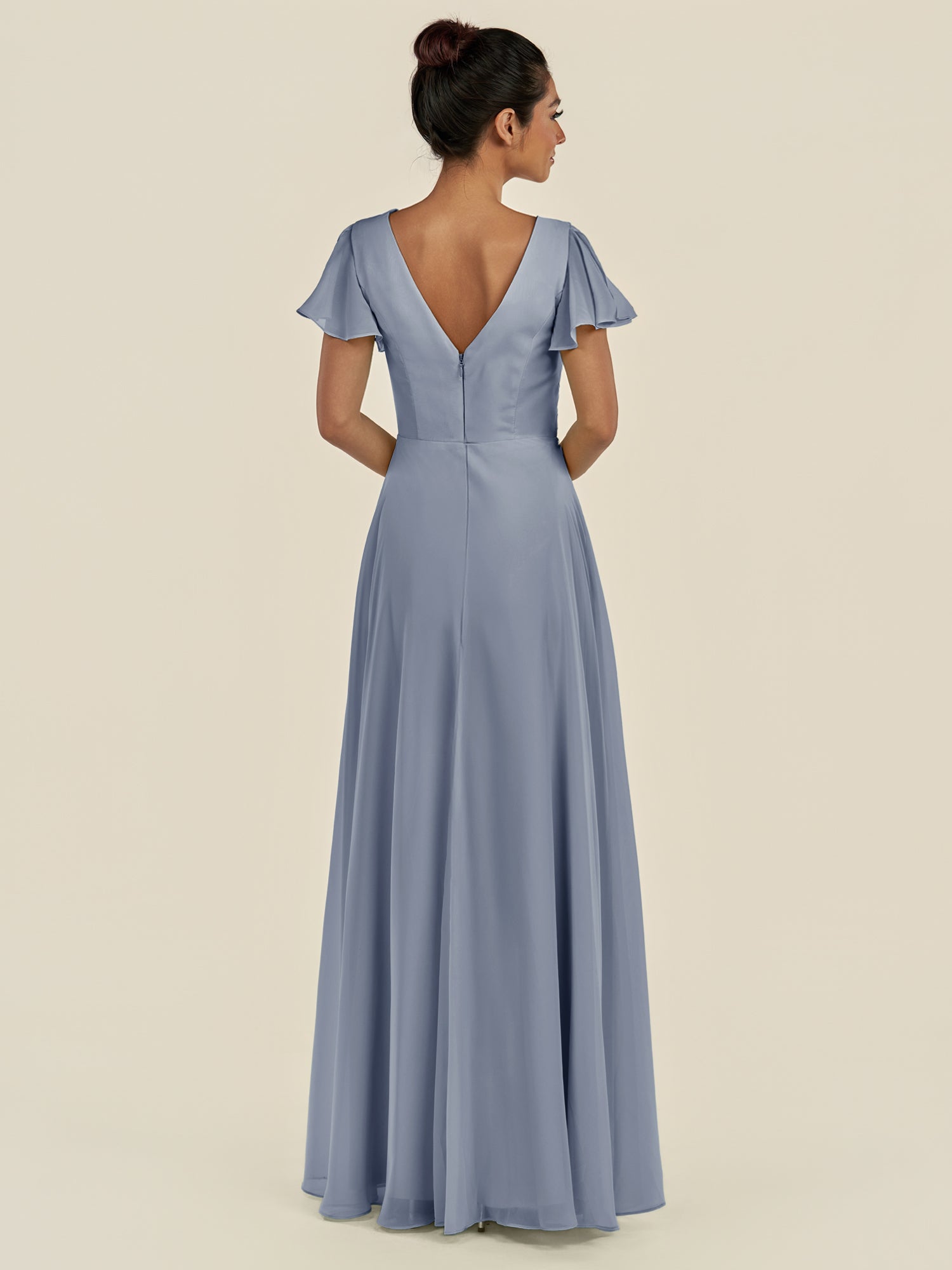KissDress-Corin Twilight A Line Chiffon V Neck Long Bridesmaid Dress with Flutter Sleeves
