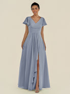 KissDress-Corin Twilight A Line Chiffon V Neck Long Bridesmaid Dress with Flutter Sleeves