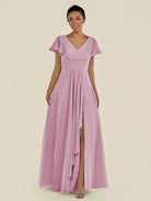KissDress-Corin Vintage Mauve A Line Chiffon V Neck Long Bridesmaid Dress with Flutter Sleeves