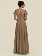 KissDress-Corin Willow Green A Line Chiffon V Neck Long Bridesmaid Dress with Flutter Sleeves