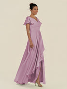 KissDress-Corin Wisteria A Line Chiffon V Neck Long Bridesmaid Dress with Flutter Sleeves