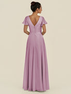 KissDress-Corin Wisteria A Line Chiffon V Neck Long Bridesmaid Dress with Flutter Sleeves