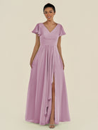 KissDress-Corin Wisteria A Line Chiffon V Neck Long Bridesmaid Dress with Flutter Sleeves