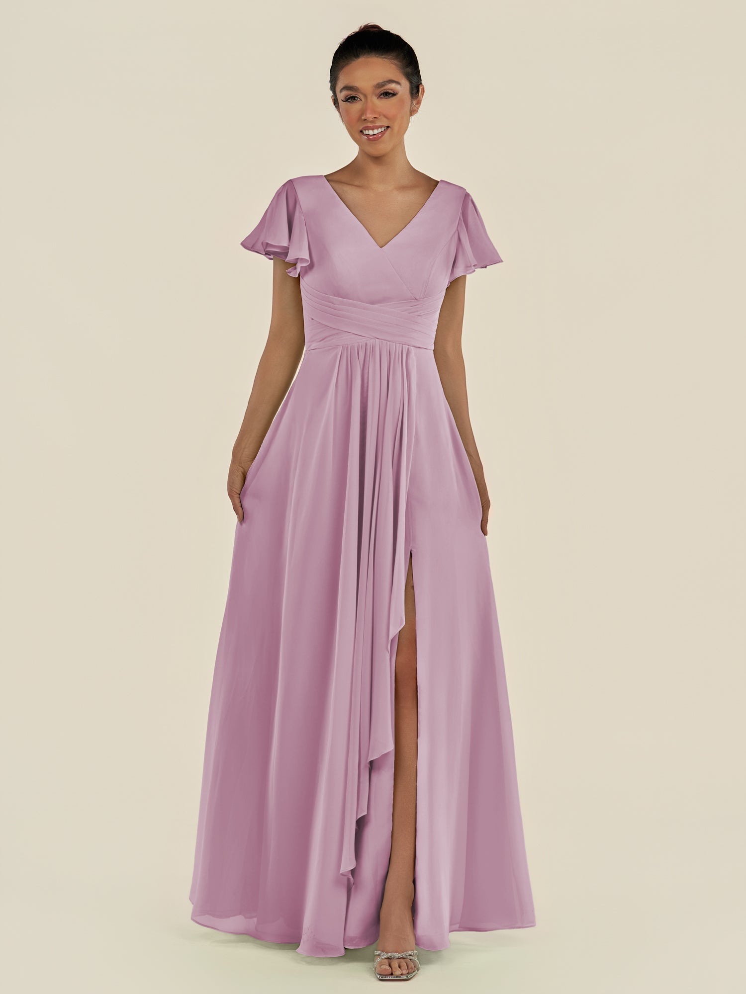KissDress-Corin Wisteria A Line Chiffon V Neck Long Bridesmaid Dress with Flutter Sleeves