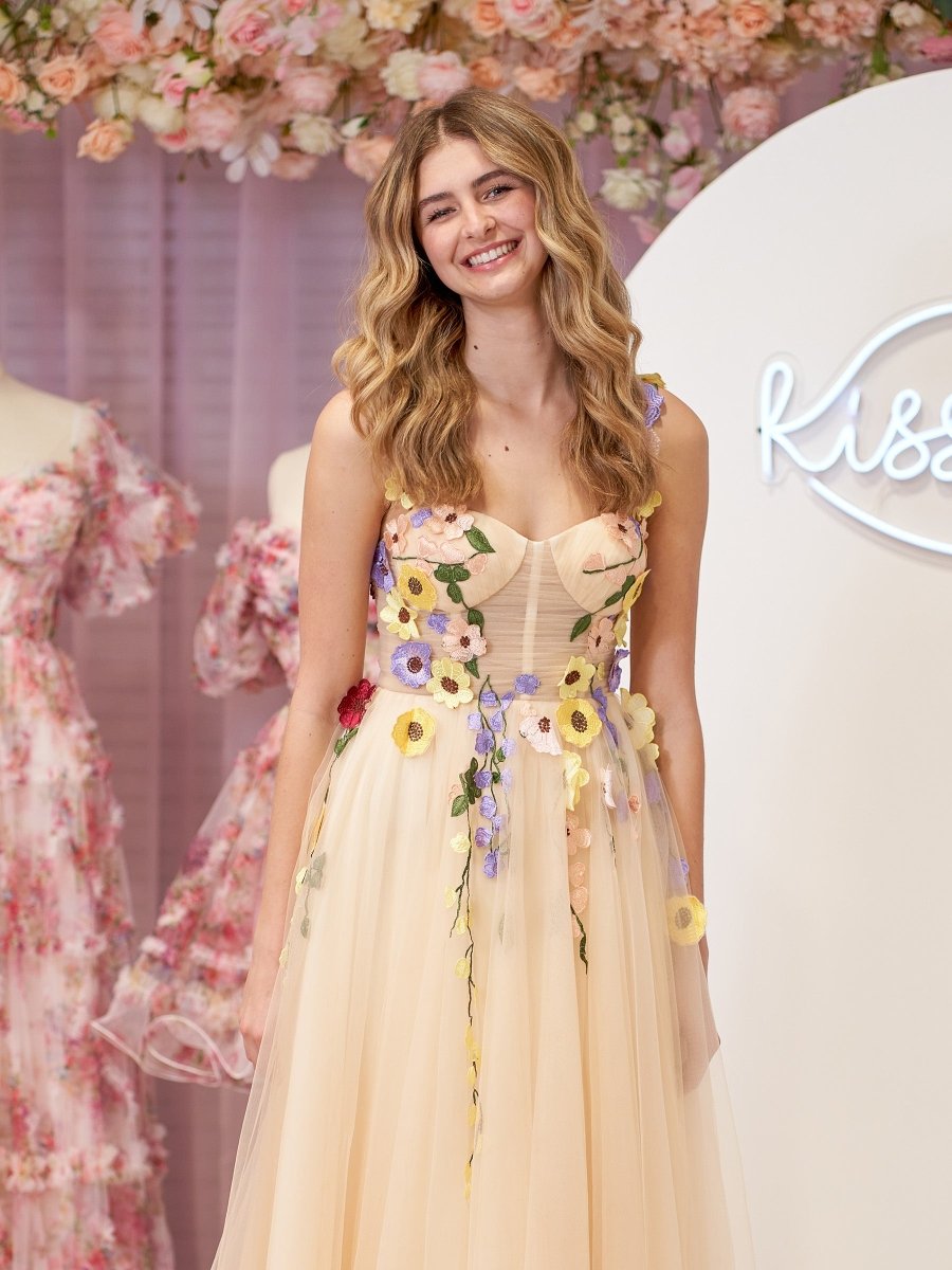 Piper | A - Line Corset Midi Prom Dress with 3D Flowers - KissProm