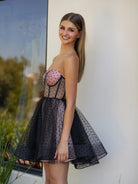 Eldona | A - Line Dotted Tulle Corset Short Homecoming Dress - KissProm
