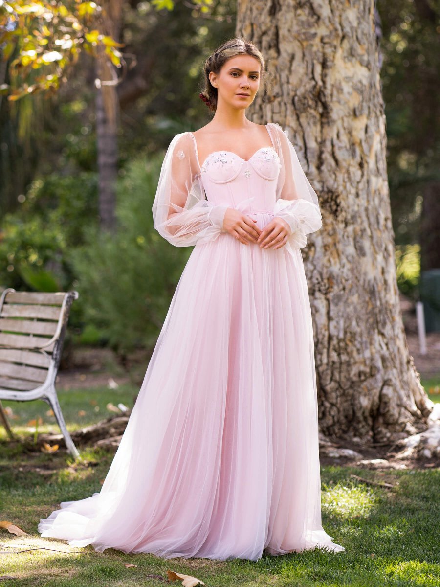 Corset Puffy Sleeves Floor Length Tulle Prom Dress KissDress Corset Puffy Sleeves Floor Length Tulle Prom Dress KissDress
