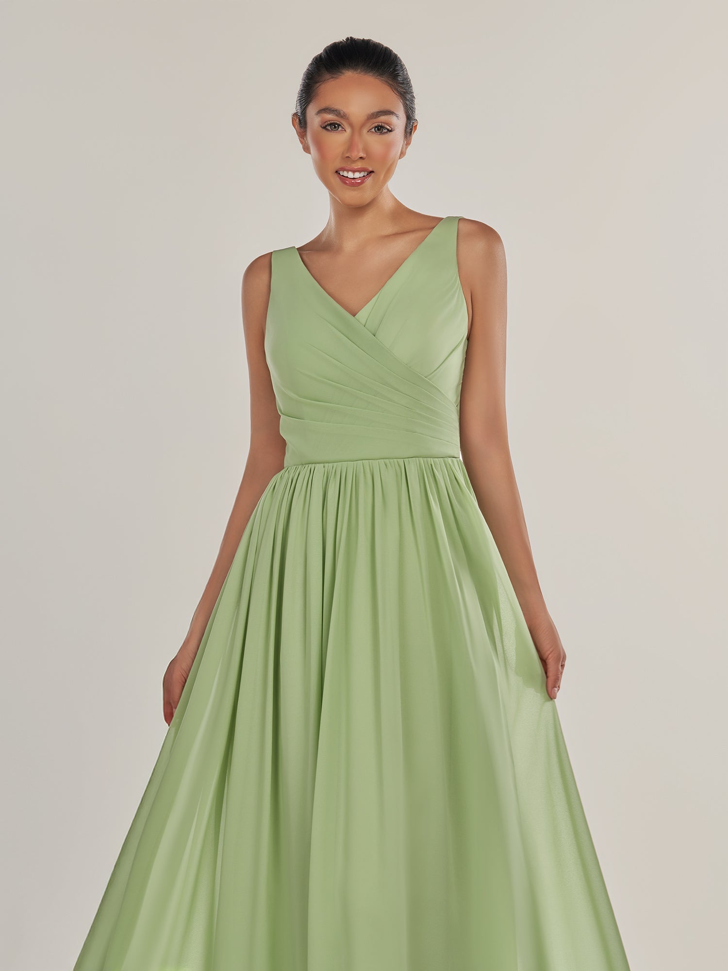 KissDress-Cova Matcha A Line Chiffon V Neck Long Bridesmaid Dress with Slit