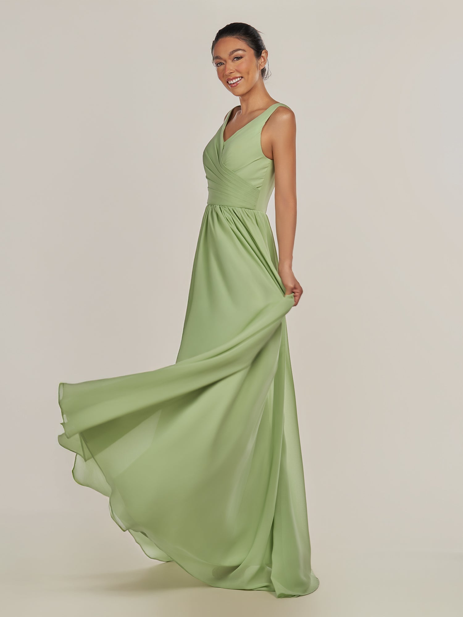 KissDress-Cova Matcha A Line Chiffon V Neck Long Bridesmaid Dress with Slit
