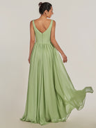 KissDress-Cova Matcha A Line Chiffon V Neck Long Bridesmaid Dress with Slit