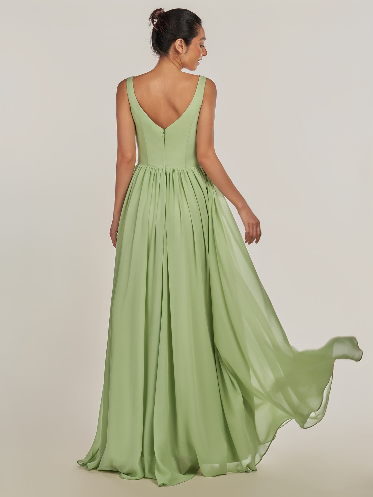 KissDress-Cova Matcha A Line Chiffon V Neck Long Bridesmaid Dress with Slit