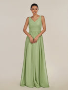 KissDress-Cova Matcha A Line Chiffon V Neck Long Bridesmaid Dress with Slit