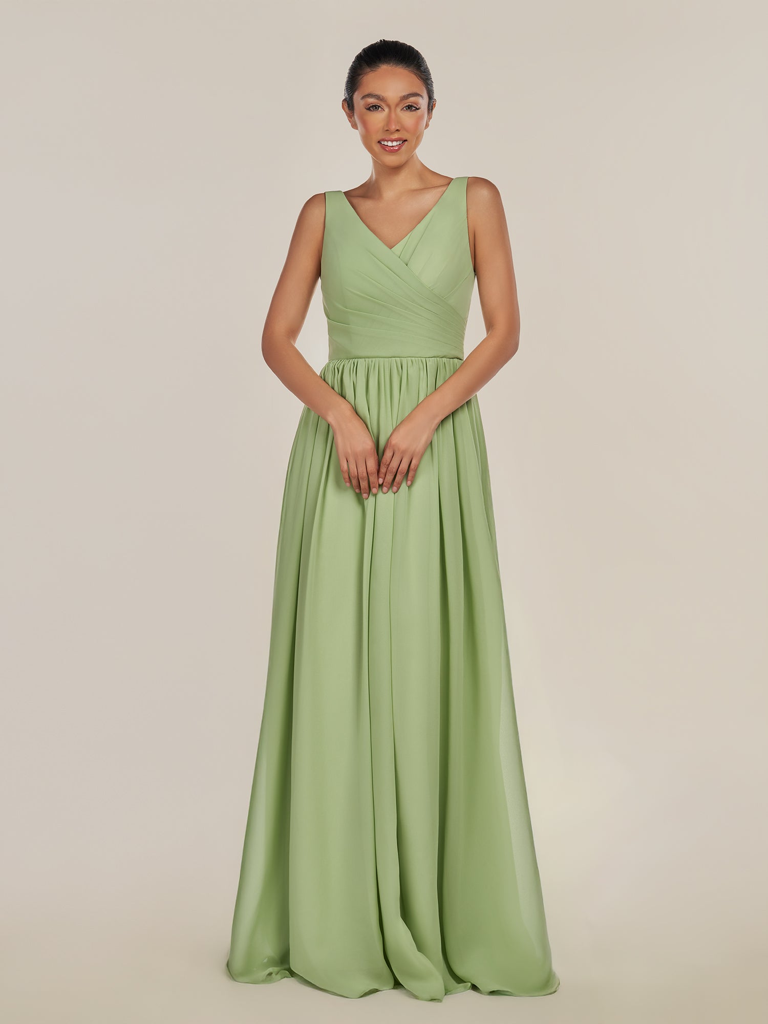 KissDress-Cova Matcha A Line Chiffon V Neck Long Bridesmaid Dress with Slit