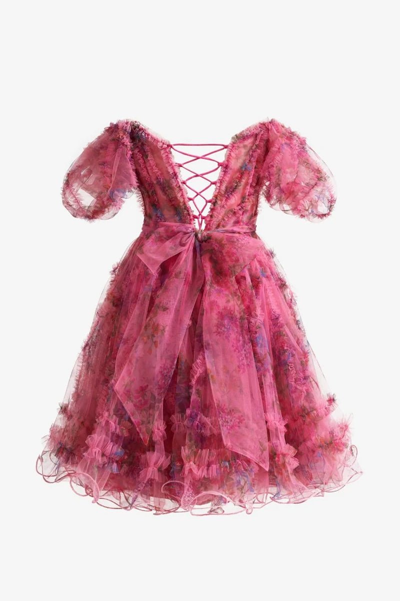 Ivana | Fuchsia A Line Off the Shoulder Printed Homecoming Dress - KissProm