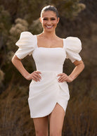 Zola | Bodycon Square Neck Satin Short Wedding Dresses with Lantern Sleeves - KissProm
