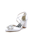 White Satin Pump with Crystal-Embellished Cross-Strap