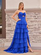 Darlin | A - Line Strapless V - Neck Layered Chiffon Sleeveless Formal Prom Dress - KissProm
