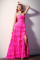 Darlin | A - Line Strapless V - Neck Layered Chiffon Sleeveless Formal Prom Dress - KissProm