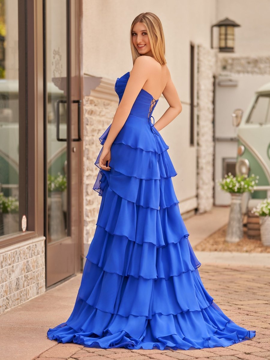 Darlin | A - Line Strapless V - Neck Layered Chiffon Sleeveless Formal Prom Dress - KissProm