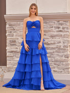 Darlin | A - Line Strapless V - Neck Layered Chiffon Sleeveless Formal Prom Dress - KissProm