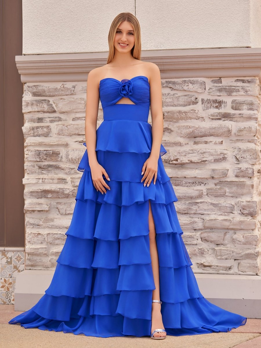 Darlin | A - Line Strapless V - Neck Layered Chiffon Sleeveless Formal Prom Dress - KissProm