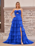 Darlin | A - Line Strapless V - Neck Layered Chiffon Sleeveless Formal Prom Dress - KissProm