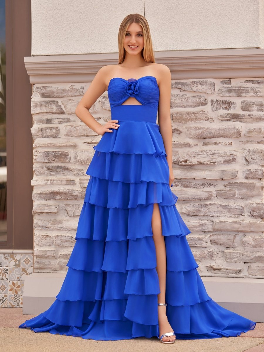 Darlin | A - Line Strapless V - Neck Layered Chiffon Sleeveless Formal Prom Dress - KissProm