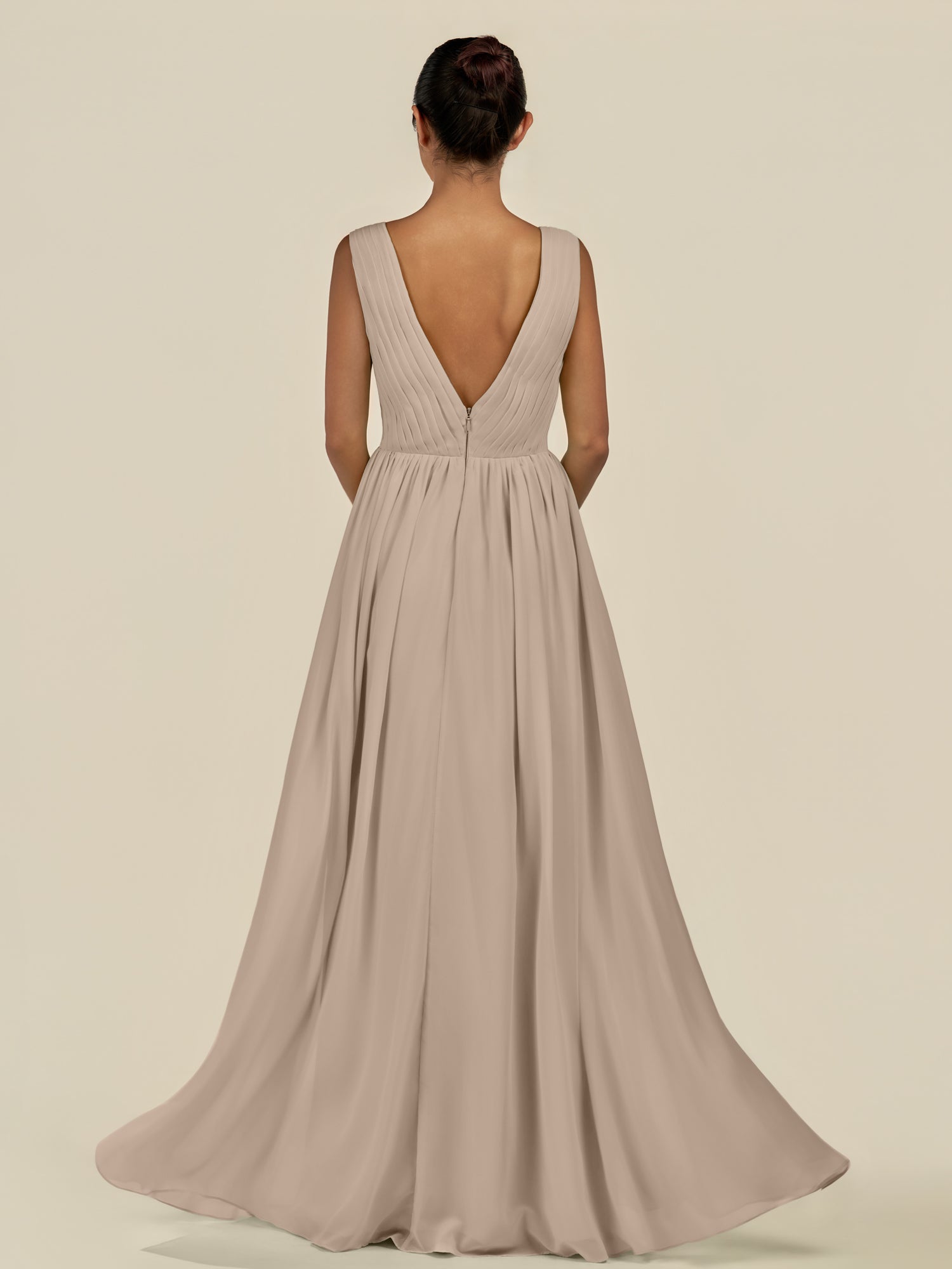 KissDress-Daryel Almond A Line Chiffon V Neck Pleated Long Bridesmaid Dress