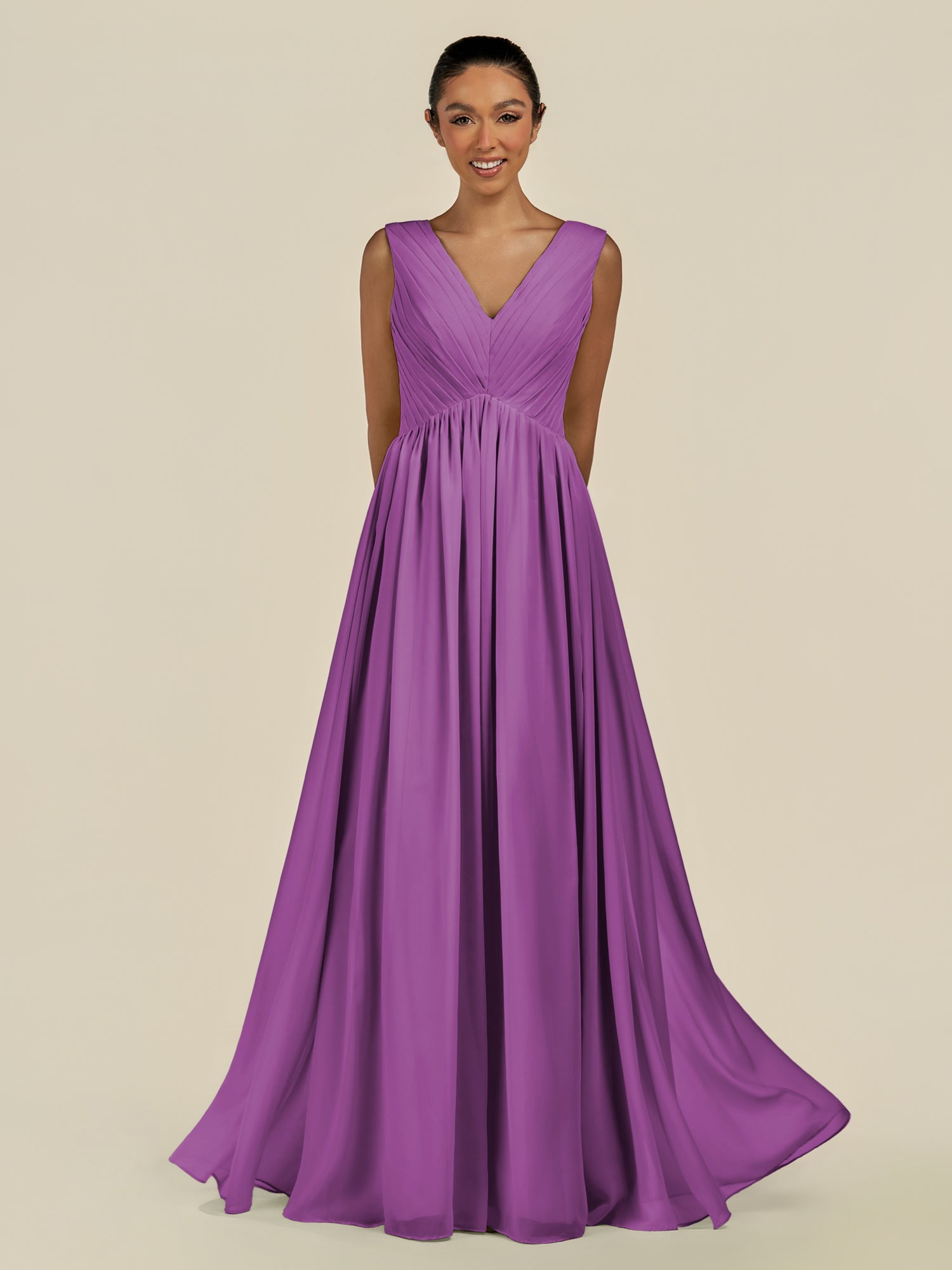KissDress-Daryel Amethyst A Line Chiffon V Neck Pleated Long Bridesmaid Dress