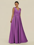 KissDress-Daryel Amethyst A Line Chiffon V Neck Pleated Long Bridesmaid Dress