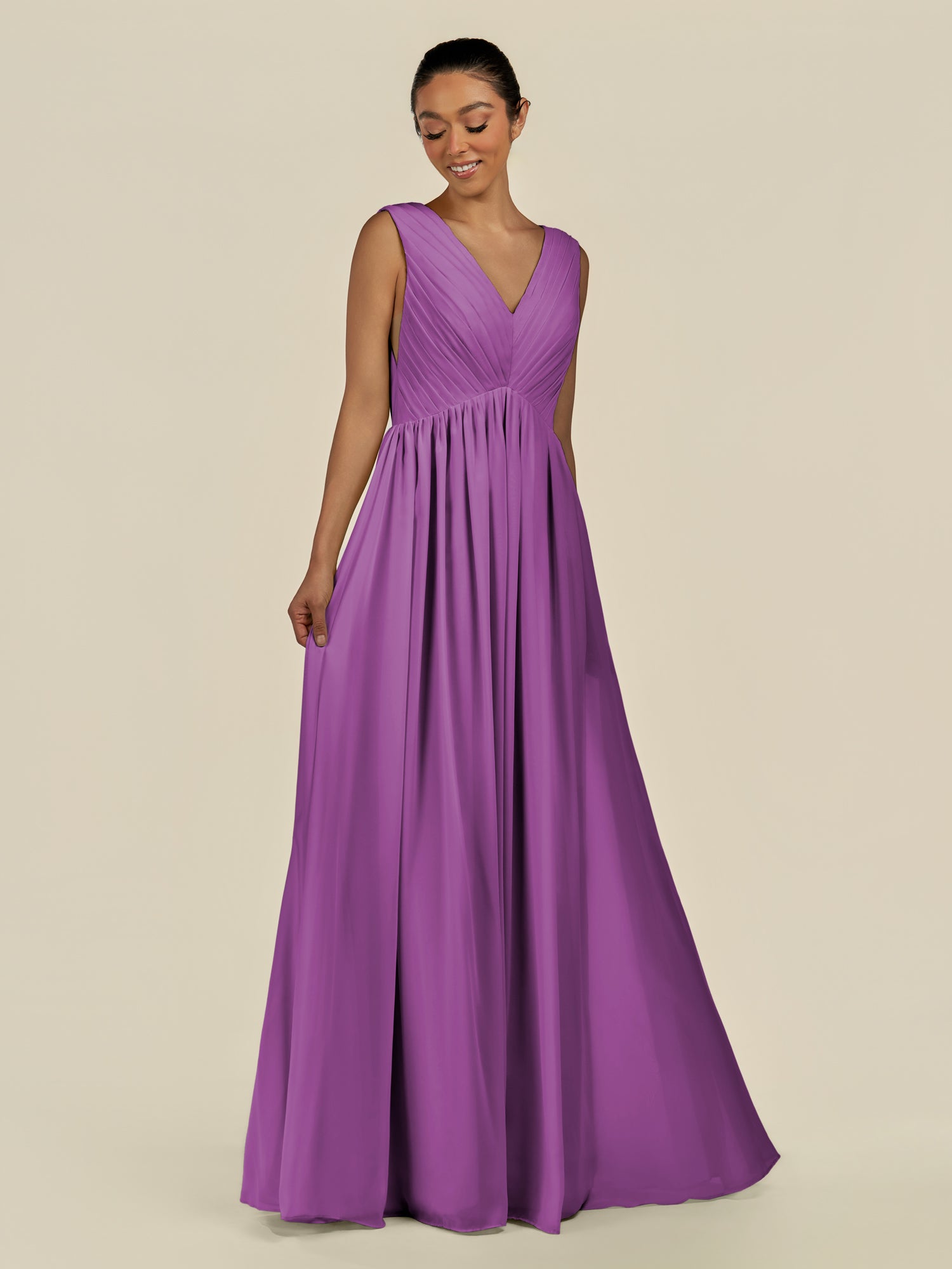 KissDress-Daryel Amethyst A Line Chiffon V Neck Pleated Long Bridesmaid Dress