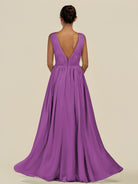 KissDress-Daryel Amethyst A Line Chiffon V Neck Pleated Long Bridesmaid Dress