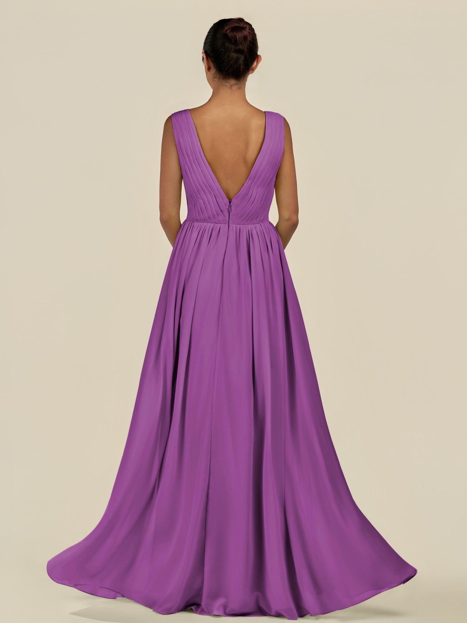 KissDress-Daryel Amethyst A Line Chiffon V Neck Pleated Long Bridesmaid Dress