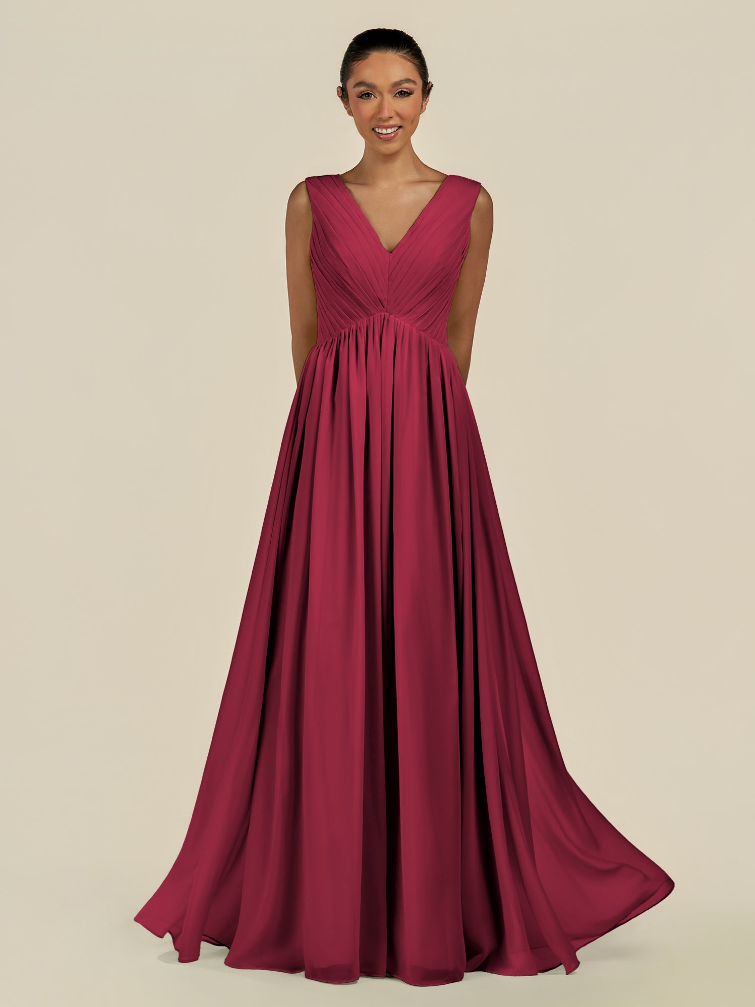 KissDress-Daryel Berry A Line Chiffon V Neck Pleated Long Bridesmaid Dress