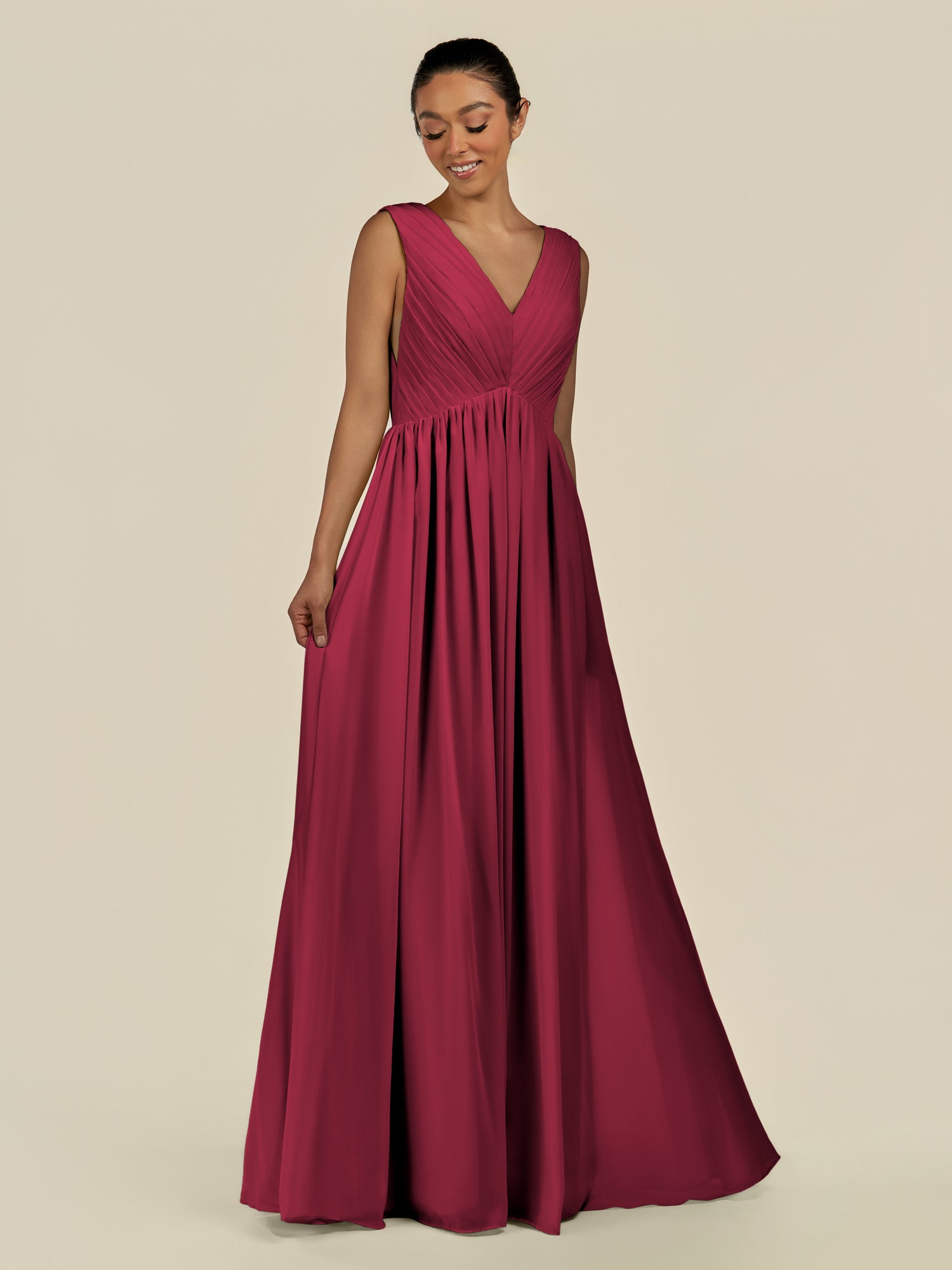 KissDress-Daryel Berry A Line Chiffon V Neck Pleated Long Bridesmaid Dress