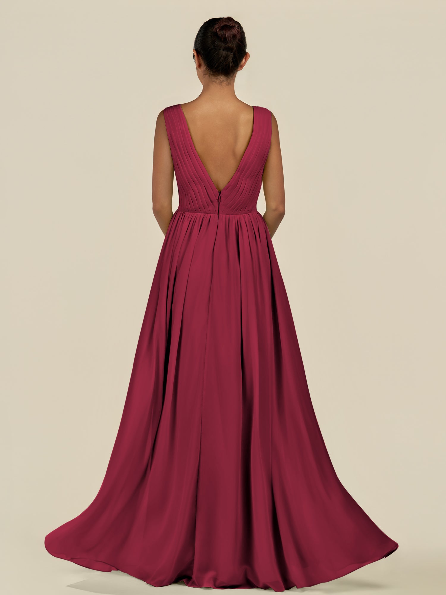 KissDress-Daryel Berry A Line Chiffon V Neck Pleated Long Bridesmaid Dress