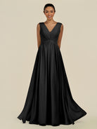 KissDress-Daryel Black A Line Chiffon V Neck Pleated Long Bridesmaid Dress