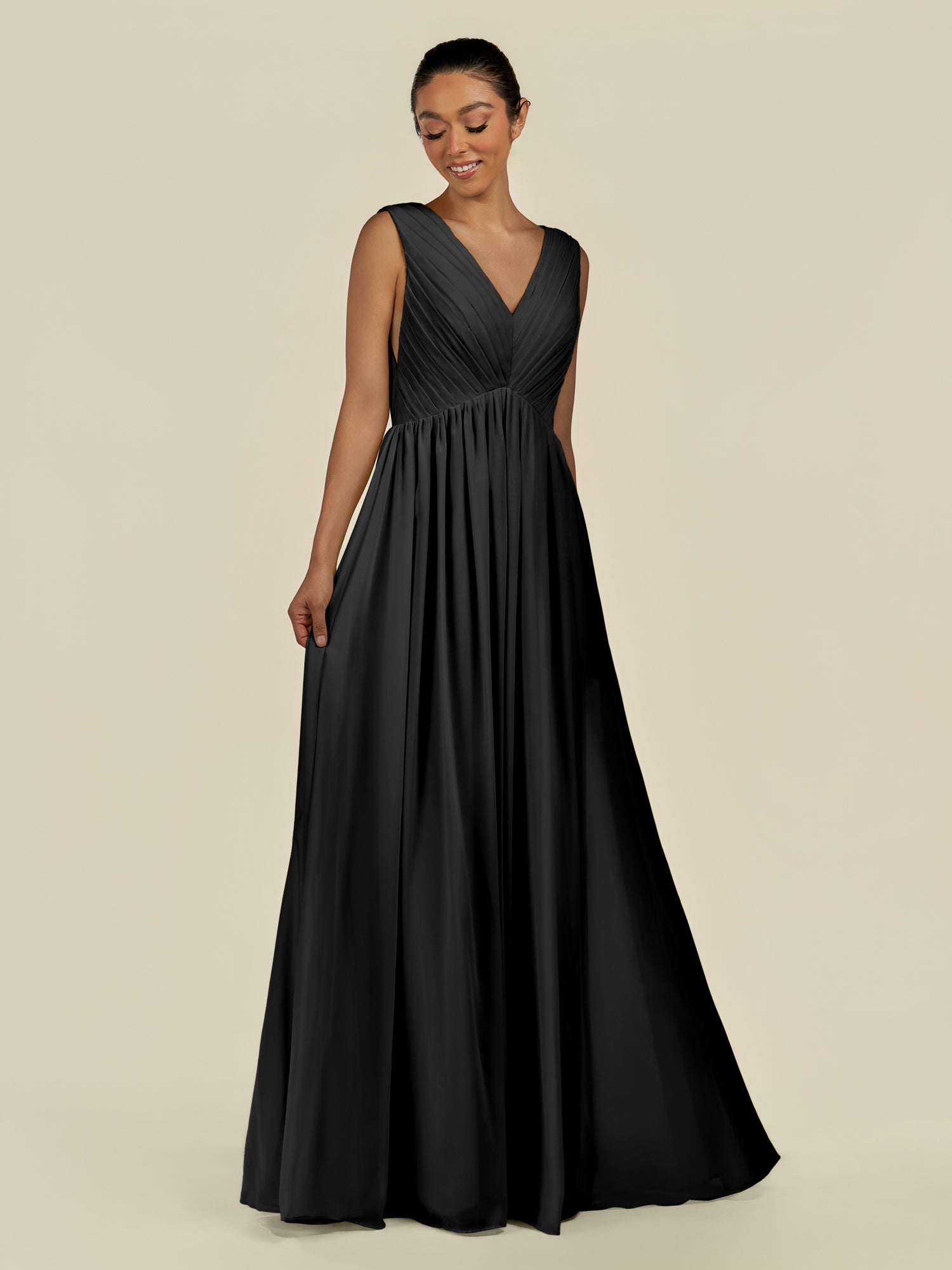 KissDress-Daryel Black A Line Chiffon V Neck Pleated Long Bridesmaid Dress