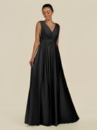 KissDress-Daryel Black A Line Chiffon V Neck Pleated Long Bridesmaid Dress