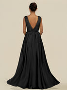 KissDress-Daryel Black A Line Chiffon V Neck Pleated Long Bridesmaid Dress