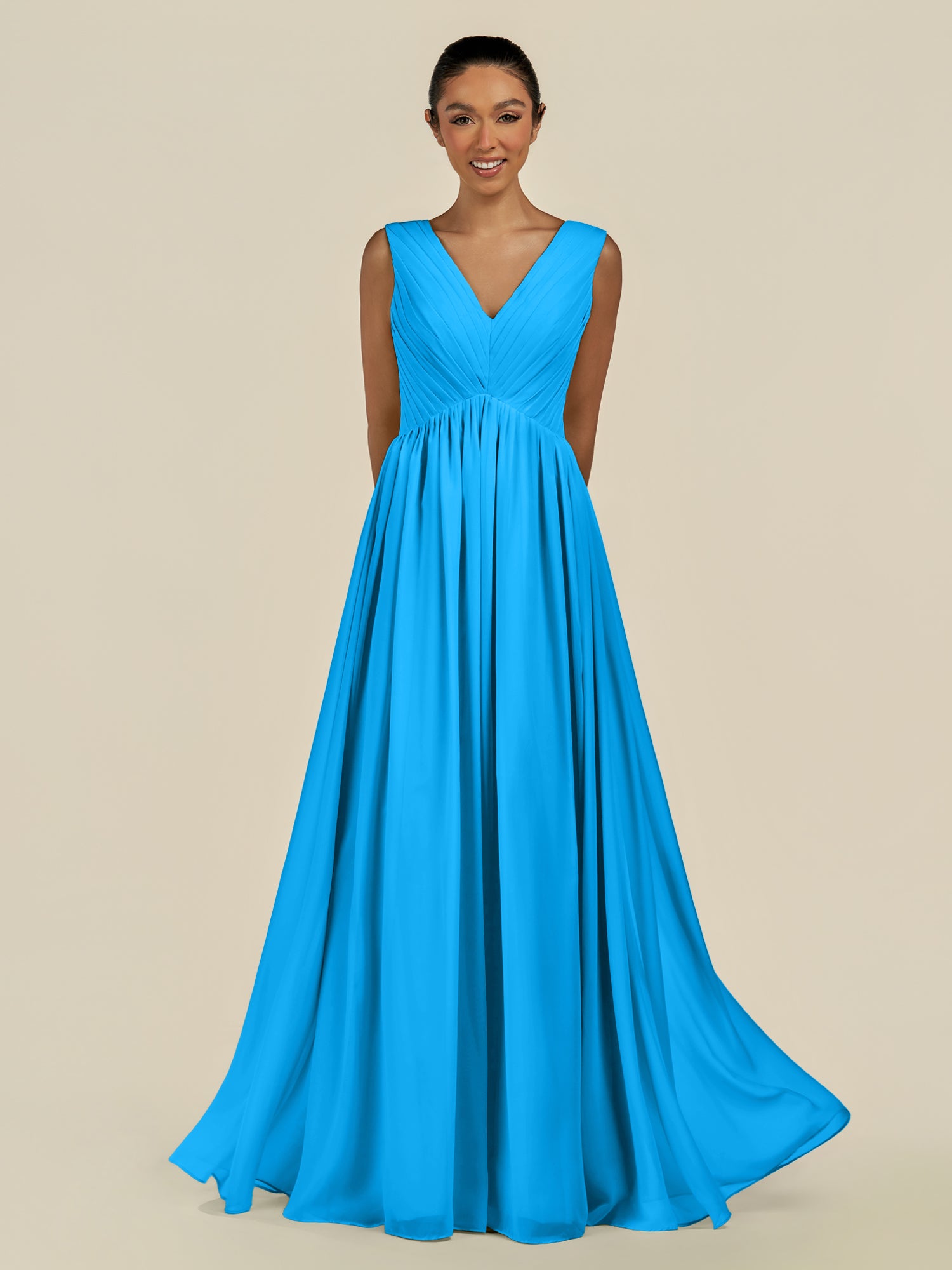 KissDress-Daryel Blue Jay A Line Chiffon V Neck Pleated Long Bridesmaid Dress