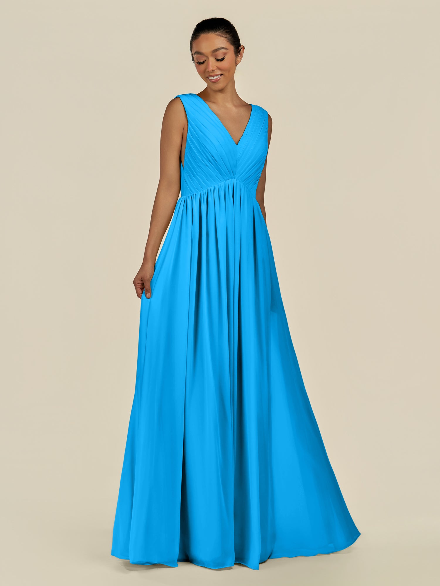 KissDress-Daryel Blue Jay A Line Chiffon V Neck Pleated Long Bridesmaid Dress