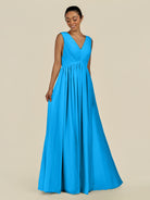KissDress-Daryel Blue Jay A Line Chiffon V Neck Pleated Long Bridesmaid Dress