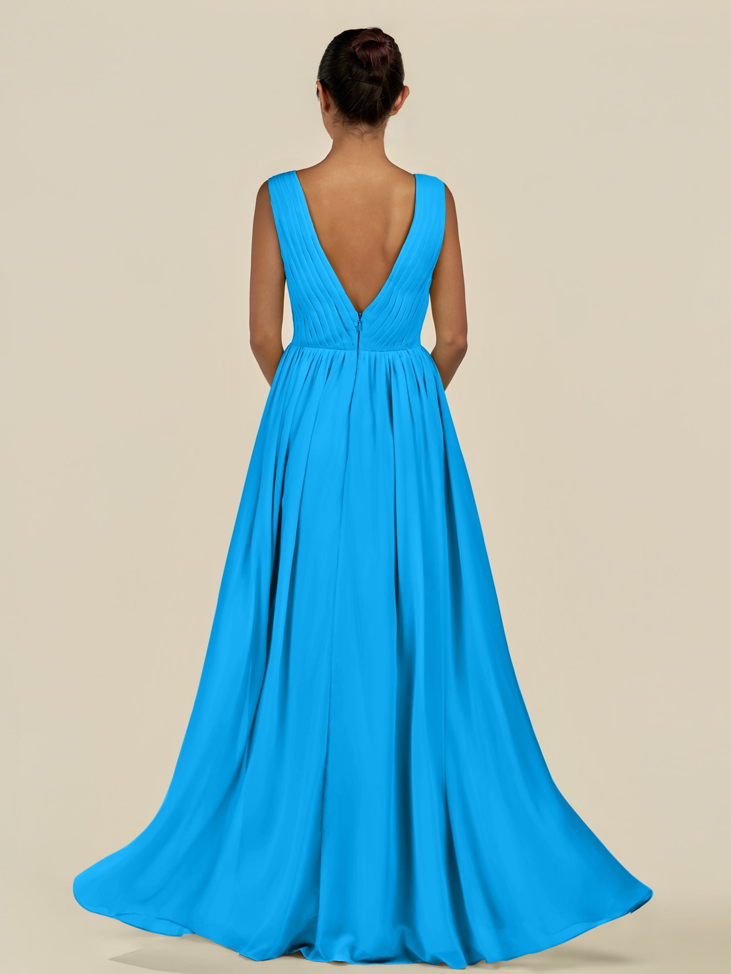 KissDress-Daryel Blue Jay A Line Chiffon V Neck Pleated Long Bridesmaid Dress