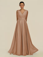 KissDress-Daryel Bronzer A Line Chiffon V Neck Pleated Long Bridesmaid Dress