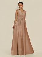 KissDress-Daryel Bronzer A Line Chiffon V Neck Pleated Long Bridesmaid Dress